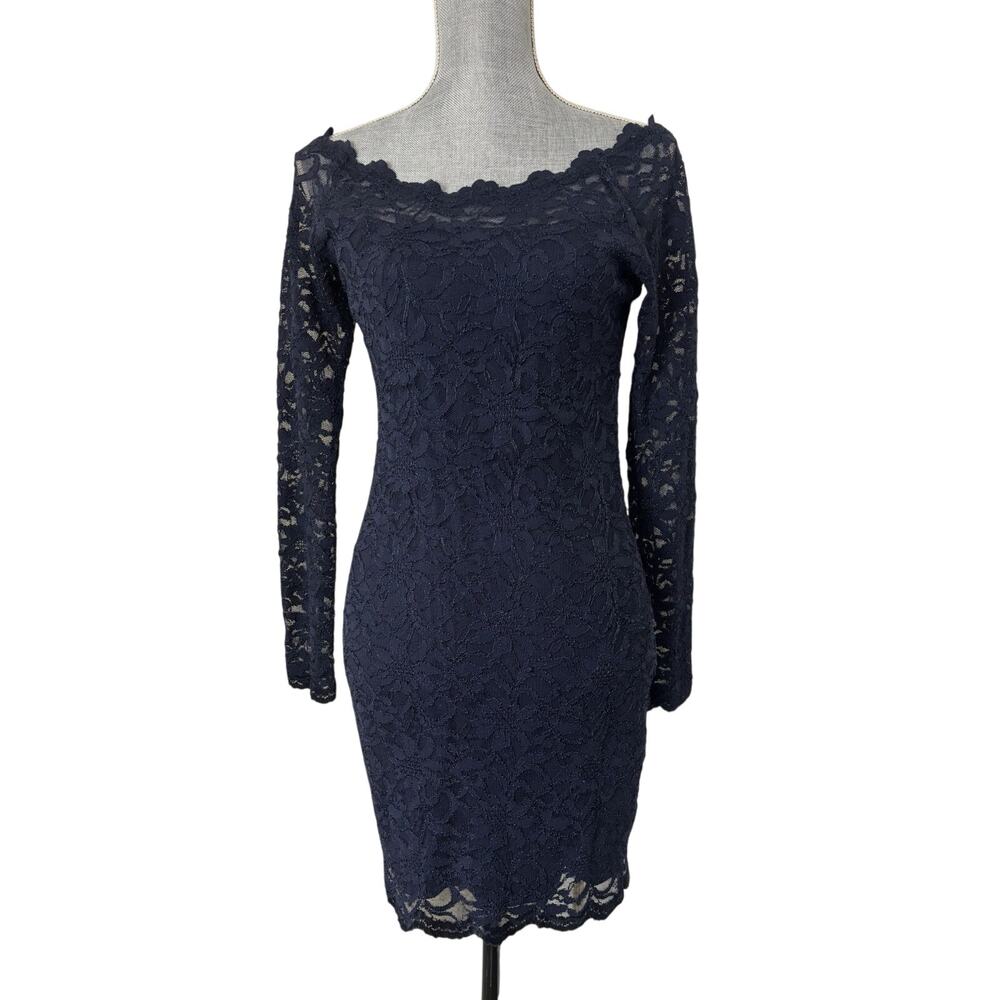 Navy Blue Floral Lace Body Con Long Sleeve Dress Y2K Club M Off Shoulder USA
